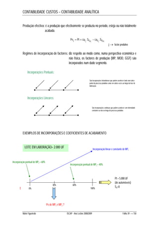 CONTABILIDADE CUSTOS – CONTABILIDADE ANALÍTICA 
Produção efectiva: é a produção que efectivamente se produziu no período, esteja ou não totalmente 
acabada. 
Pej Pt caFj .SFPC caO j .SOPC    
j  factor produtivo 
Regimes de incorporação de factores: diz respeito ao modo como, numa perspectiva económica e 
não física, os factores de produção (MP, MOD, GGF) são 
incorporados num dado segmento. 
Incorporações Pontuais: 
Incorporações Lineares: 
São incorporações instantâneas que podem acontecer tanto num único 
ponto do processo produtivo como em várias vezes ao longo da fase de 
fabricação. 
São incorporações contínuas que podem acontecer com intensidade 
constante ou não ao longo do processo produtivo. 
EXEMPLOS DE INCORPORAÇÕES E COEFICIENTES DE ACABAMENTO 
60% 
LOTE EM LABORAÇÃO= 2.000 UF 
0% 100% 
Pt = 5.000 UF 
(de automóveis) 
SO=0 
Mário Figueiredo ISCAP - Ano Lectivo 2008/2009 Folha 39 → 150 
t 
Incorporação linear e constante de MP1 
Incorporação pontual de MP2 = 60% 
30% 
Incorporação pontual de MP2 = 40% 
Pe de MP1 e MP2 ? 
 
