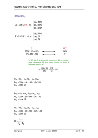 CONTABILIDADE CUSTOS – CONTABILIDADE ANALÍTICA 
PRODUTO P2: 
caM1: 100% 
So = 3.000 UF ; t = 0,7 caM2: 100% 
caCT: 62,5% 
caM1: 100% 
Sf = 2.400 UF ; t = 0,20 caM2: 0% 
caCT: 0% 
t caCT 
100% - 20% = 80% 100% 
70% - 20% = 50% X 
Se 100% dos CT são incorporados linearmente em 80% do segmento, a 
quanto corresponderá 50% desse mesmo segmento em termos da 
incorporação daquele factor? 
0,625 
 
100% 50%  0,50 
 
0,8 
80% 
X  
   
1 1 . 1 . 1 PeM PtM caf 1 SfM cao 1 SoM M M 
PeM1  35.000 1,00 2.400 1,003.000 
PeM1  34.400 UF 
   
2 2 . 2 . 2 PeM PtM caf 2 SfM cao 2 SoM M M 
PeM1  35.000  0,00 2.400 1,003.000 
PeM1  32.000 UF 
PeCT PtCT caf SfCT cao SoCT CT CT   .  . 
PeM1  35.000  0,00 2.400  0,6253.000 
PeM1  33.125 UF 
 
L I 
1 
 
I I 
2 1 
ca 
 
Mário Figueiredo ISCAP - Ano Lectivo 2008/2009 Folha 59 → 150 
 