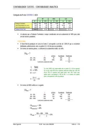 CONTABILIDADE CUSTOS – CONTABILIDADE ANALÍTICA 
Cômputo da Pe do CENTRO C: UEA 
MP MOD GGF 
UF ca UEA ca UEA ca UEA 
Produção Terminada + 30.000 100% 30.000 100% 30.000 100% 30.000 
Stock final produção em curso + 1.200 60% 720 55% 660 56,25% 675 
Stock inicial produção em curso - 3.000 50% 1.500 50% 1.500 50% 1.500 
Produção Efectiva Total 28.200 29.220 29.110 29.175 
 Já sabemos que a Produção Terminada é sempre considerada com um acabamento de 100% para cada 
um dos factores produtivos. 
STOCK FINAL 
 O Stock final da produção em curso no Centro C corresponde a um lote de 1.200 UF que se encontram 
distribuídas uniformemente entre os pontos 0,3 e 0,8 do processo produtivo. 
 Em termos de matérias-primas, o coeficiente de acabamento médio é de 60%: 
CAMP = ? 
t ca físico % produção Ponderação 
30% – 50% 20% 0% 40% 0,0 
50% – 80% 30% 100% 60% 0,6 
Coeficiente acabamento médio 0,6 
t %lote 
0,5100% 
0,1x ? 
0,2 
 
0,1 1  
0,5 
x  
 Em termos de MOD verifica-se o seguinte: 
CAMOD = ? 
Se o lote (100%) está compreendido entre os pontos 0,3 e 0,8 do segmento 
(t), ou seja, ocupa 50% desse segmento, poderemos afirmar que cada 10% 
desses 50% de segmento (uma quinta parte) “vale” 20%. Assim, duas 
quintas partes correspondem a 40% do lote, e as restantes três quintas 
partes corresponderão a 60% da produção. 
t ca físico % produção Ponderação 
0% – 30% 30% 30% 0% 0,00 
30% – 80% 50% 55% 100% 0,55 
80% – 100% 20% 0% 0% 0,00 
Coeficiente acabamento médio 0,55 
CAmínimo[0,3]  30% 
CAmáximo[0,8]  80% 
55% 
 
30% 80%  110% 
 
2 
2 
CAmédio  
Mário Figueiredo ISCAP - Ano Lectivo 2008/2009 Folha 66 → 150 
 