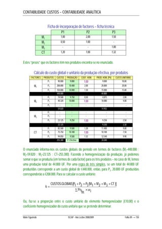 CONTABILIDADE CUSTOS – CONTABILIDADE ANALÍTICA 
Ficha de incorporação de factores – ficha técnica 
P1 P2 P3 
M1 1,00 2,00 1,50 
M2 0,50 1,00 - 
M3 - - 1,00 
CT 1,20 1,00 1,32 
Estes “pesos” que os factores têm nos produtos encontra-se no enunciado. 
Cálculo do custo global e unitário da produção efectiva, por produtos 
FACTORES PRODUTOS CUSTOS PRODUÇÃO COEF. HOM. PROD. HOM. (Ph) CUSTO UNITÁRIO 
P1 90.000 9.000 1,00 9.000 10,00 
M1 P2 208.000 10.400 2,00 20.800 20,00 
P3 150.000 10.000 1,50 15.000 15,00 
448.000 44.800 
P1 19.500 9.750 0,50 4.875 2,00 
M2 P2 40.320 10.080 1,00 10.080 4,00 
P3 - - - - - 
59.820 14.955 
P1 - - - - - 
M3 P2 - - - - - 
P3 23.125 9.250 1,00 9.250 2,50 
23.125 9.250 2,50 
P1 85.500 9.500 1,20 11.400 9,00 
CT P2 75.750 10.100 1,00 10.100 7,50 
P3 94.050 9.500 1,32 12.540 9,90 
255.300 P. Efectiva 34.040 
O enunciado informa-nos os custos globais do período em termos de factores (M1=448.000 ; 
M2=59.820 ; M3=23.125 ; CT=255.300). Fazendo a homogeneização da produção, já podemos 
somar o que se produziu (em termos de cada factor) para os três produtos – no caso de M1 temos 
uma produção total de 44.800 UF. Por uma regra de três simples, se um total de 44.800 UF 
produzidas corresponde a um custo global de €448.000, então, para P2, 20.800 UF produzidas 
corresponderão a €208.000. Para se calcular o custo unitário: 
       
 
PefPi i 
CUSTOS GLOBAIS P P P M M M CT 
k 
. 1 2 3 1 2 3 
 
 
 
Ou, faz-se a proporção entre o custo unitário do elemento homogeneizador (€10,00) e o 
coeficiente homogeneizador do custo unitário que se pretende determinar. 
Mário Figueiredo ISCAP - Ano Lectivo 2008/2009 Folha 89 → 150 
 
