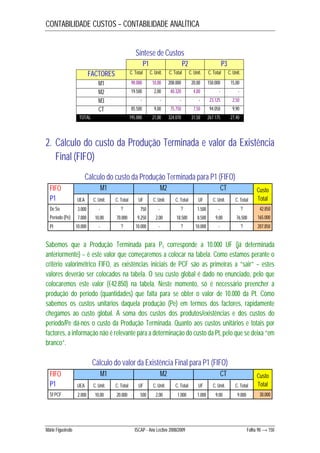 CONTABILIDADE CUSTOS – CONTABILIDADE ANALÍTICA 
Síntese de Custos 
P1 P2 P3 
FACTORES C. Total C. Unit. C. Total C. Unit. C. Total C. Unit. 
M1 90.000 10,00 208.000 20,00 150.000 15,00 
M2 19.500 2,00 40.320 4,00 - - 
M3 - - - - 23.125 2,50 
CT 85.500 9,00 75.750 7,50 94.050 9,90 
TOTAL 195.000 21,00 324.070 31,50 267.175 27,40 
2. Cálculo do custo da Produção Terminada e valor da Existência 
Final (FIFO) 
Cálculo do custo da Produção Terminada para P1 (FIFO) 
FIFO M1 M2 CT 
P1 UEA C. Unit. C. Total UF C. Unit. C. Total UF C. Unit. C. Total 
Custo 
Total 
De So 3.000 - ? 750 - ? 1.500 - ? 42.850 
Período (Pe) 7.000 10,00 70.000 9.250 2,00 18.500 8.500 9,00 76.500 165.000 
Pt 10.000 - ? 10.000 - ? 10.000 - ? 207.850 
Sabemos que a Produção Terminada para P1 corresponde a 10.000 UF (já determinada 
anteriormente) – é este valor que começaremos a colocar na tabela. Como estamos perante o 
critério valorimétrico FIFO, as existências iniciais de PCF são as primeiras a “sair” – estes 
valores deverão ser colocados na tabela. O seu custo global é dado no enunciado, pelo que 
colocaremos este valor (€42.850) na tabela. Neste momento, só é necessário preencher a 
produção do período (quantidades) que falta para se obter o valor de 10.000 da Pt. Como 
sabemos os custos unitários daquela produção (Pe) em termos dos factores, rapidamente 
chegamos ao custo global. A soma dos custos dos produtos/existências e dos custos do 
período/Pe dá-nos o custo da Produção Terminada. Quanto aos custos unitários e totais por 
factores, a informação não é relevante para a determinação do custo da Pt, pelo que se deixa “em 
branco”. 
Cálculo do valor da Existência Final para P1 (FIFO) 
FIFO M1 M2 CT 
P1 UEA C. Unit. C. Total UF C. Unit. C. Total UF C. Unit. C. Total 
Custo 
Total 
Sf PCF 2.000 10,00 20.000 500 2,00 1.000 1.000 9,00 9.000 30.000 
Mário Figueiredo ISCAP - Ano Lectivo 2008/2009 Folha 90 → 150 
 
