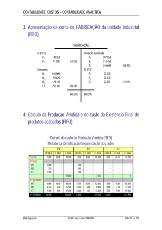 CONTABILIDADE CUSTOS – CONTABILIDADE ANALÍTICA 
3. Apresentação da conta de FABRICAÇÃO da unidade industrial 
(FIFO) 
FABRICAÇÃO 
Si (PCF) 
P1 42.850 
P2 11.300 54.150 
Consumos 
M1 448.000 
M2 59.820 
M3 23.125 
CT 255.300 786.245 
840.395 
Produção Terminada 
P1 207.850 
P2 314.450 
P3 246.600 768.900 
Sf (PCF) 
P1 30.000 
P2 20.920 
P3 20.575 71.495 
840.395 
4. Cálculo da Produção Vendida e do custo da Existência Final de 
produtos acabados (FIFO) 
Cálculo do custo da Produção Vendida (FIFO) 
Método da Identificação/Sequenciação dos Lotes 
P1 P2 P3 
UF/UEA C. Unit. C. Total UF/UEA C. Unit. C. Total UF/UEA C. Unit. C. Total 
So PA 1.000 20,00 20.000 3.500 30,00 105.000 1.000 26,10 26.100 
Pt (So) 
M1 3.000 - - 400 - - - - - 
M2 750 - - 400 - - - - - 
CT 1.500 - - 300 - - - - - 
42.850 11.300 0 
Pt (período) 
M1 6.000 10,00 60.000 8.100 20,00 162.000 7.000 15,00 105.000 
M2 8.250 2,00 16.500 8.100 4,00 32.400 7.000 2,50 17.500 
CT 7.500 9,00 67.500 8.200 7,50 61.500 7.000 9,90 69.300 
P. VENDIDA 10.000 206.850 12.000 372.200 8.000 217.900 
Mário Figueiredo ISCAP - Ano Lectivo 2008/2009 Folha 92 → 150 
 