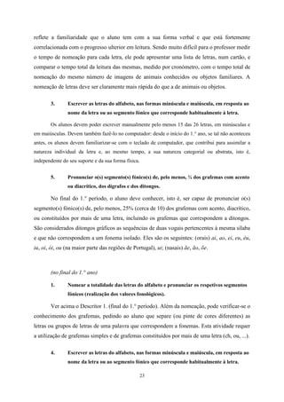 23
reflete a familiaridade que o aluno tem com a sua forma verbal e que está fortemente
correlacionada com o progresso ulterior em leitura. Sendo muito difícil para o professor medir
o tempo de nomeação para cada letra, ele pode apresentar uma lista de letras, num cartão, e
comparar o tempo total da leitura das mesmas, medido por cronómetro, com o tempo total de
nomeação do mesmo número de imagens de animais conhecidos ou objetos familiares. A
nomeação de letras deve ser claramente mais rápida do que a de animais ou objetos.
3. Escrever as letras do alfabeto, nas formas minúscula e maiúscula, em resposta ao
nome da letra ou ao segmento fónico que corresponde habitualmente à letra.
Os alunos devem poder escrever manualmente pelo menos 15 das 26 letras, em minúsculas e
em maiúsculas. Devem também fazê-lo no computador: desde o início do 1.° ano, se tal não aconteceu
antes, os alunos devem familiarizar-se com o teclado de computador, que contribui para assimilar a
natureza individual da letra e, ao mesmo tempo, a sua natureza categorial ou abstrata, isto é,
independente do seu suporte e da sua forma física.
5. Pronunciar o(s) segmento(s) fónico(s) de, pelo menos, ¾ dos grafemas com acento
ou diacrítico, dos dígrafos e dos ditongos.
No final do 1.° período, o aluno deve conhecer, isto é, ser capaz de pronunciar o(s)
segmento(s) fónico(s) de, pelo menos, 25% (cerca de 10) dos grafemas com acento, diacrítico,
ou constituídos por mais de uma letra, incluindo os grafemas que correspondem a ditongos.
São considerados ditongos gráficos as sequências de duas vogais pertencentes à mesma sílaba
e que não correspondem a um fonema isolado. Eles são os seguintes: (orais) ai, ao, ei, eu, éu,
iu, oi, ói, ou (na maior parte das regiões de Portugal), ui; (nasais) ãe, ão, õe.
(no final do 1.° ano)
1. Nomear a totalidade das letras do alfabeto e pronunciar os respetivos segmentos
fónicos (realização dos valores fonológicos).
Ver acima o Descritor 1. (final do 1.° período). Além da nomeação, pode verificar-se o
conhecimento dos grafemas, pedindo ao aluno que separe (ou pinte de cores diferentes) as
letras ou grupos de letras de uma palavra que correspondem a fonemas. Esta atividade requer
a utilização de grafemas simples e de grafemas constituídos por mais de uma letra (ch, ou, ...).
4. Escrever as letras do alfabeto, nas formas minúscula e maiúscula, em resposta ao
nome da letra ou ao segmento fónico que corresponde habitualmente à letra.
 
