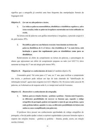 31
significa que a ortografia já constitui uma base frequente das manipulações formais da
linguagem oral.
Objetivo 5. Ler em voz alta palavras e textos.
1. Ler todas as palavras monossilábicas, dissilábicas e trissilábicas regulares e, salvo
raras exceções, todas as palavras irregulares encontradas nos textos utilizados na
escola.
Na leitura oral de palavras com grafias minoritárias e irregulares, a precisão exigível é
de, pelo menos, 95%.
2. Decodificar palavras com fluência crescente: bom domínio na leitura das
palavras dissilábicas de 4 a 6 letras e das trissilábicas de 7 ou mais letras, sem
hesitação e quase tão rapidamente para as trissilábicas como para as
dissilábicas.
Relativamente ao efeito de comprimento na leitura de palavras, a percentagem de
alunos que apresentam um efeito de comprimento pequeno ou nulo (ver LE2.7.3.) deve
aumentar ao longo do 3° ano até atingir pelo menos 50%.
Objetivo 8. Organizar os conhecimentos do texto (cf. também objetivo 9).
Comentário geral: Tal como para o 2.º ano, no 3° ano, para verificar a compreensão
dos textos, o professor pode utilizar um tipo de teste chamado de “identificação de
informação textual”, agora mais exigente (ver LE2. Objetivo 10). Os textos terão cerca de 50
palavras, as 4 alternativas de resposta serão 4, e o tempo total será de 6 minutos.
Objetivo 12. Desenvolver o conhecimento da ortografia.
1. Indicar, para as relações fonema – grafema e grafema – fonema mais frequentes,
as diferentes possibilidades de escrever os fonemas que, segundo o código
ortográfico do português, podem corresponder a mais do que um grafema, e para
cada grafema indicar, quando é o caso, as diferentes possibilidades de leitura (em
ambos os casos exemplificando com palavras).
O professor deve possuir um conhecimento aprofundado do código ortográfico do
português, a fim de poder ajudar o aluno a exprimir regularidades e procurar formular regras a
respeito das relações fonema – grafema (e grafema – fonema, pondo, assim, em relação
escrita e leitura).
 