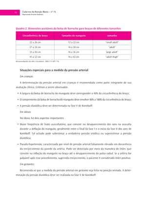 13       Cadernos de Atenção Básica – nº 15
         Hipertensão Arterial Sistêmica




 Quadro 2. Dimensões aceitáveis da bolsa de borracha para braços de diferentes tamanhos

         Circunferência do braço                       Tamanho do manguito           tamanho

                   22 a 26 cm                               12 a 22 cm             “small adult”
                   27 a 34 cm                               16 a 30 cm                “adult”
                   35 a 44 cm                               16 a 36 cm              large adult”
                   45 a 52 cm                               16 a 42 cm             “adult thigh”
 Recomendações da AHA. Circulation. 2005;111:697-716



       Situações especiais para a medida da pressão arterial

       Em crianças:

       A determinação da pressão arterial em crianças é recomendada como parte integrante de sua
 avaliação clínica. Critérios a serem observados:

     • A largura da bolsa de borracha do manguito deve corresponder a 40% da circunferência do braço;

     • O comprimento da bolsa de borracha do manguito deve envolver 80% a 100% da circunferência do braço;

     • A pressão diastólica deve ser determinada na fase V de Korotkoff.

       Em Idosos:

       No idoso, há dois aspectos importantes:

     • Maior freqüência de hiato auscultatório, que consiste no desaparecimento dos sons na ausculta
       durante a deflação do manguito, geralmente entre o final da fase I e o início da fase II dos sons de
       Korotkoff. Tal achado pode subestimar a verdadeira pressão sistólica ou superestimar a pressão
       diastólica;

     • Pseudo-hipertensão, caracterizada por nível de pressão arterial falsamente elevado em decorrência
       do enrijecimento da parede da artéria. Pode ser detectada por meio da manobra de Osler, que
       consiste na inflação do manguito no braço até o desaparecimento do pulso radial. Se a artéria for
       palpável após esse procedimento, sugerindo enrijecimento, o paciente é considerado Osler-positivo.

       Em gestantes:

       Recomenda-se que a medida da pressão arterial em gestante seja feita na posição sentada. A deter-
 minação da pressão diastólica deve ser realizada na fase V de Korotkoff.
 