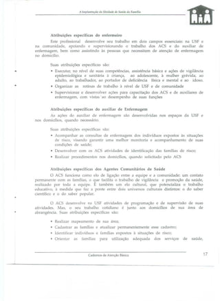 A lmplal/tação da UI/idade de míde da Famr1ia

Atribuiçõe

e pecíficas do enfermeiro

E t profi i nal de envolve
u trabalho em doi
enóaÍ5: na
F e
na comunidad, apoiando e up rvi ionando o trabalho do
CS e do auxiliar d
enfermagem, bem como a istindo à pe oas que nece itam de atenção de enferma em
no domicilio.
Sua

atribuições especifica

ã

•

• E ecutar, no nível de ua c mp tênóas, assistênáa bá ica e ações de vigilância
epidemiológica e sanitária
criança, ao adole cente, à mulher grávida, ao
adulto, ao trabalhador, ao p rtador de deficiência fi ica e mental e ao ido o.

•

• Organizar a

rotinas d

trabalh

à nível de USF

de comunidade

• Sup rvisionar e desenvolv r açõ s para capacitação do ACS e de auxiliar
enfermag m, com vista. 'a d
mpenho de ua fu.nç~es
Atribuiçõ
no

e pecífica

do au iliar de Enfermagem

A_ aç- s do auxiliar de enf rma
domiCl1i , quando nece ári .

ua

d

atribuiçãe específica

m

ão desenvolvida

no

e paço

da USF

são:

• Acompanhar a consulta d
nfermagem do indivíduo e posto às ituaçãe
d ri
vi ando o-arantir uma melhor monitoria e ac mpanhamento d
ua
condiÇ
de aúde;
• O

I1V

I

r com o

AC

• RlCaliz r procedimento_ n
Atribuiçõe

ati id de

de identificação da

domicílio, quando

família

de ri co;

licitado pelo ACS

específicas dos Agentes Comunitários de

aúde

O A S funciona como elo d ligaçã
ntre a equip
a c munidade: um contato
permanente com a famílias, o gu facilita o trabalho de vigilância
promoção da aúd,
realizado por l da a equipe. É tamb m um elo cultural, qu potencializa o trabalho
educativo, à m dida que faz a pont
ntr doi uni r o culturai distintos: o do aber
científico e o d 'aber popular.
O AC
atividade. _ a
abrangência. ua
I

•

•

•
•

•

nvolve na SF atividad
de programação e de supeIVI ao de
as
eu trabalho cotidiano é junto ao domicílio de ua área de
atribuiçoe e petifica ão:

ua área;
família_ e atuahzar permanentemente
cad tro;
ada trar
Id ntificar indivíduo e família e po to à ·tuaçãe d ri c
rviço
para utilização adequada d
Orientar a~ família

R alizar mapeamento de

d

aúde,

17

 