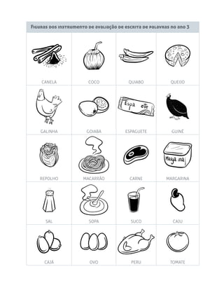 Figuras dos instrumento de avaliação de escrita de palavras no ano 3

CANELA

COCO

QUIABO

QUEIJO

GALINHA

GOIABA

ESPAGUETE

GUINÉ

REPOLHO

MACARRÃO

CARNE

MARGARINA

SAL

SOPA

SUCO

CAJU

CAJÁ

OVO

PERU

TOMATE

 