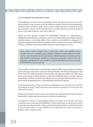 Avaliação no ciclo de alfabetização30
2.2 A avaliação da produção textual
Ao trabalharmos em sala de aula com produção textual, seja com gêneros orais ou escritos,
umavariedadedeaspectospodeseralvodereflexãoeavaliação.Diantedostextosproduzidos,
o professor pode perceber o modo como os alunos compreenderam as situações de ensino
que os levaram a escrever de determinado modo, os conhecimentos que possuem diante do
gênero e da temática proposta, entre outros aspectos.
Avaliar um texto significa visualizar na materialidade semiótica os conhecimentos e
habilidadesdominadospelosestudantes,assimcomoasdificuldadesapresentadas.Significa
também analisar a intervenção didática feita e possíveis necessidades de adequações. Os
estudantestambémpodemavaliarseusprópriostextoseanalisarseusavançosedificuldades.
Portanto, estudantes e professores podem monitorar a aprendizagem e o ensino.
Quem escreve avalia o próprio texto, e nesse caso, avaliar pode significar rever,
corrigir,reescrever,rascunhar,passaralimpo,confirmarounegarhipótesesnoatoda
escrita, o que não precisa ser necessariamente realizado apenas na escola numa única
aula. É preciso também que o professor se volte para a sua própria visão de texto e de
avaliaçãoe,principalmente,queconsidereasrepercussõesdasmarcasdasuacorreção
(EVANGELISTA et al, 2009 p. 29).
Nessesentido,aavaliaçãobuscacomoprincípiocentralodiálogo,emqueprofessoreestudante
possam interagir como leitores críticos dos textos produzidos, fazendo uso da linguagem como
prática social. Os estudantes podem ser incentivados a perceber que também são responsáveis
por suas aprendizagens. Assim, para que se tenha uma visibilidade do que se ensina e aprende
nas produções textuais, é essencial uma reflexão sobre a construção dos instrumentos e acerca
dasformasdeacompanhamentoeencaminhamentosdiantedosresultados.
Uma primeira questão é: O que considerar na elaboração de um instrumento de avaliação
de produção de textos? Qual a importância do contexto de produção de textos para esse
momento de escrita?
Quandovamoselaboraruminstrumentodeavaliaçãodascapacidadesdeproduçãotextualde
nossos alunos, alguns aspectos precisam ser levados em consideração.
Os quadros de Direitos de aprendizagem podem nos ajudar nessa questão, pois neles
encontramos uma sinalização das habilidades e conhecimentos que as crianças têm o direito
deaprenderemcadaanoescolar.Assim,oprimeirodesafiodoprofessoréjustamentepensar
no que ele quer avaliar e se esses objetivos estão condizentes com o que se espera que o
professor ensine na etapa escolar.
 
