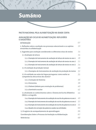 PACTO NACIONAL PELA ALFABETIZAÇÃO NA IDADE CERTA
AVALIAÇÃO NO CICLO DE ALFABETIZAÇÃO: REFLEXÕES
E SUGESTÕES
	 INTRODUÇÃO
	 1. Reflexões sobre a avaliação nos processos educacionais e os sujeitos
envolvidos na alfabetização
	 2. Sugestões para avaliação considerando os diferentes eixos de ensino
	 2.1 Avaliação da leitura
	 	 2.1.1 Exemplo de instrumento de avaliação de leitura de textos no ano 1
	 	 2.1.2 Exemplo de instrumento de avaliação de leitura de textos no ano 2
	 	 2.1.3 Exemplo de instrumento de avaliação de leitura de textos no ano 3
	 2.2 A avaliação da produção textual
	 	 2.2.1 Exemplos de instrumentos de avaliação de produção de textos
	 2.3 A oralidade nas aulas de língua portuguesa: como avaliar as
competências discursivas dos alunos?
		 2.3.1 Contação de histórias
		 2.3.2 Entrevista
	 	 2.3.3 Debate (debate para resolução de problemas)
	 	 2.3.4 Seminário escolar
	 2.4 Avaliando os conhecimentos sobre o Sistema de Escrita Alfabético
(SEA) e a ortografia
	 	 2.4.1Exemplodeinstrumentodeavaliaçãodeescritadepalavrasnoano1
	 	 2.4.2Exemplodeinstrumentodeavaliaçãodeescritadepalavrasnoano2
	 	 2.4.3Exemplodeinstrumentodeavaliaçãodeescritadepalavrasnoano3
	 	 2.4.4Quadrodecorreçãodaspalavrasusadasnasatividades
3. O registro de acompanhamento da aprendizagem
Considerações Sobre o Processo de Avaliação na Alfabetização
Referências
07
10
14
14
18
21
24
30
32
35
36
38
40
42
44
49
52
55
60
66
67
68
Sumário
 