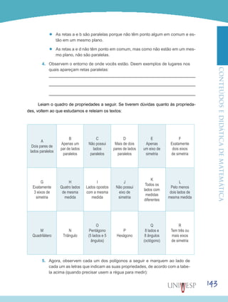ConteúdoseDidáticadematemática
143
’’ As retas a e b são paralelas porque não têm ponto algum em comum e es-
tão em um mesmo plano.
’’ As retas a e d não têm ponto em comum, mas como não estão em um mes-
mo plano, não são paralelas.
4.	 Observem o entorno de onde vocês estão. Deem exemplos de lugares nos
quais apareçam retas paralelas:
Leiam o quadro de propriedades a seguir. Se tiverem dúvidas quanto às proprieda-
des, voltem ao que estudamos e releiam os textos:
A
Dois pares de
lados paralelos
B
Apenas um
par de lados
paralelos
C
Não possui
lados
paralelos
D
Mais de dois
pares de lados
paralelos
E
Apenas
um eixo de
simetria
F
Exatamente
dois eixos
de simetria
G
Exatamente
3 eixos de
simetria
H
Quatro lados
de mesma
medida
I
Lados opostos
com a mesma
medida
J
Não possui
eixo de
simetria
K
Todos os
lados com
medidas
diferentes
L
Pelo menos
dois lados de
mesma medida
M
Quadrilátero
N
Triângulo
O
Pentágono
(5 lados e 5
ângulos)
P
Hexágono
Q
8 lados e
8 ângulos
(octógono)
R
Tem três ou
mais eixos
de simetria
5.	 Agora, observem cada um dos polígonos a seguir e marquem ao lado de
cada um as letras que indicam as suas propriedades, de acordo com a tabe-
la acima (quando precisar usem a régua para medir):
 