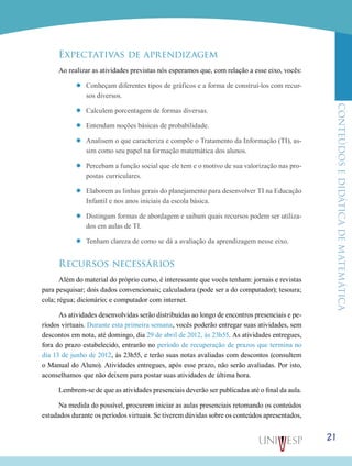 ConteúdoseDidáticadematemática
21
Expectativas de aprendizagem
Ao realizar as atividades previstas nós esperamos que, com relação a esse eixo, vocês:
’’ Conheçam diferentes tipos de gráficos e a forma de construí-los com recur-
sos diversos.
’’ Calculem porcentagem de formas diversas.
’’ Entendam noções básicas de probabilidade.
’’ Analisem o que caracteriza e compõe o Tratamento da Informação (TI), as-
sim como seu papel na formação matemática dos alunos.
’’ Percebam a função social que ele tem e o motivo de sua valorização nas pro-
postas curriculares.
’’ Elaborem as linhas gerais do planejamento para desenvolver TI na Educação
Infantil e nos anos iniciais da escola básica.
’’ Distingam formas de abordagem e saibam quais recursos podem ser utiliza-
dos em aulas de TI.
’’ Tenham clareza de como se dá a avaliação da aprendizagem nesse eixo.
Recursos necessários
Além do material do próprio curso, é interessante que vocês tenham: jornais e revistas
para pesquisar; dois dados convencionais; calculadora (pode ser a do computador); tesoura;
cola; régua; dicionário; e computador com internet.
As atividades desenvolvidas serão distribuídas ao longo de encontros presenciais e pe-
ríodos virtuais. Durante esta primeira semana, vocês poderão entregar suas atividades, sem
descontos em nota, até domingo, dia 29 de abril de 2012, às 23h55. As atividades entregues,
fora do prazo estabelecido, entrarão no período de recuperação de prazos que termina no
dia 13 de junho de 2012, às 23h55, e terão suas notas avaliadas com descontos (consultem
o Manual do Aluno). Atividades entregues, após esse prazo, não serão avaliadas. Por isto,
aconselhamos que não deixem para postar suas atividades de última hora.
Lembrem-se de que as atividades presenciais deverão ser publicadas até o final da aula.
Na medida do possível, procurem iniciar as aulas presenciais retomando os conteúdos
estudados durante os períodos virtuais. Se tiverem dúvidas sobre os conteúdos apresentados,
 