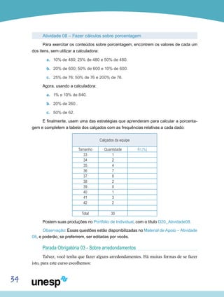 34
Atividade 08 – Fazer cálculos sobre porcentagem
Para exercitar os conteúdos sobre porcentagem, encontrem os valores de cada um
dos itens, sem utilizar a calculadora:
a.	 10% de 480; 25% de 480 e 50% de 480.
b.	 20% de 600; 50% de 600 e 10% de 600.
c.	 25% de 76; 50% de 76 e 200% de 76.
Agora, usando a calculadora:
a.	 1% e 10% de 840.
b.	 20% de 260 .
c.	 50% de 62.
E finalmente, usem uma das estratégias que aprenderam para calcular a porcenta-
gem e completem a tabela dos calçados com as frequências relativas a cada dado:
Calçados da equipe
Tamanho Quantidade Fr (%)
33 1
34 2
35 4
36 7
37 8
38 2
39 0
40 1
41 3
42 2
Total 30
Postem suas produções no Portfólio de Individual, com o título D20_Atividade08.
Observação: Essas questões estão disponibilizadas no Material de Apoio – Atividade
08, e poderão, se preferirem, ser editadas por vocês.
Parada Obrigatória 03 - Sobre arredondamentos
Talvez, você tenha que fazer alguns arredondamentos. Há muitas formas de se fazer
isto, para este curso escolhemos:
 
