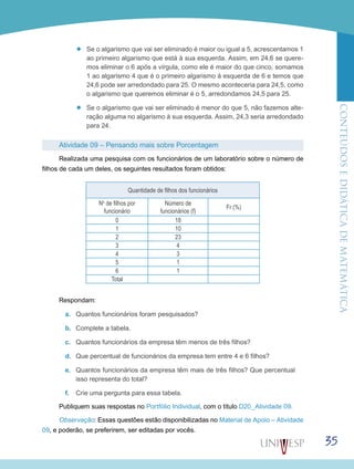 ConteúdoseDidáticadematemática
35
’’ Se o algarismo que vai ser eliminado é maior ou igual a 5, acrescentamos 1
ao primeiro algarismo que está à sua esquerda. Assim, em 24,6 se quere-
mos eliminar o 6 após a vírgula, como ele é maior do que cinco, somamos
1 ao algarismo 4 que é o primeiro algarismo à esquerda de 6 e temos que
24,6 pode ser arredondado para 25. O mesmo aconteceria para 24,5, como
o algarismo que queremos eliminar é o 5, arredondamos 24,5 para 25.
’’ Se o algarismo que vai ser eliminado é menor do que 5, não fazemos alte-
ração alguma no algarismo à sua esquerda. Assim, 24,3 seria arredondado
para 24.
Atividade 09 – Pensando mais sobre Porcentagem
Realizada uma pesquisa com os funcionários de um laboratório sobre o número de
filhos de cada um deles, os seguintes resultados foram obtidos:
Quantidade de filhos dos funcionários
No
de filhos por
funcionário
Número de
funcionários (f)
Fr (%)
0 18
1 10
2 23
3 4
4 3
5 1
6 1
Total
Respondam:
a.	 Quantos funcionários foram pesquisados?
b.	 Complete a tabela.
c.	 Quantos funcionários da empresa têm menos de três filhos?
d.	 Que percentual de funcionários da empresa tem entre 4 e 6 filhos?
e.	 Quantos funcionários da empresa têm mais de três filhos? Que percentual
isso representa do total?
f.	 Crie uma pergunta para essa tabela.
Publiquem suas respostas no Portfólio Individual, com o título D20_Atividade 09.
Observação: Essas questões estão disponibilizadas no Material de Apoio – Atividade
09, e poderão, se preferirem, ser editadas por vocês.
 