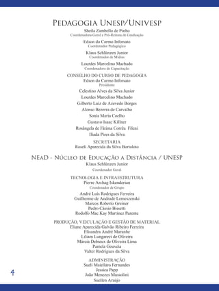 4
Pedagogia Unesp/Univesp
Sheila Zambello de Pinho
Coordenadora Geral e Pró-Reitora de Graduação
Edson do Carmo Inforsato
Coordenador Pedagógico
Klaus Schlünzen Junior
Coordenador de Mídias
Lourdes Marcelino Machado
Coordenadora de Capacitação
Conselho do curso de pedagogia
Edson do Carmo Inforsato
Presidente
Celestino Alves da Silva Junior
Lourdes Marcelino Machado
Gilberto Luiz de Azevedo Borges
Alonso Bezerra de Carvalho
Sonia Maria Coelho
Gustavo Isaac Killner
Rosângela de Fátima Corrêa Fileni
Ilíada Pires da Silva
Secretaria
Roseli Aparecida da Silva Bortoloto
NEaD - Núcleo de Educação a Distância / UNESP
Klaus Schlünzen Junior
Coordenador Geral
Tecnologia e Infraestrutura
Pierre Archag Iskenderian
Coordenador de Grupo
André Luís Rodrigues Ferreira
Guilherme de Andrade Lemeszenski
Marcos Roberto Greiner
Pedro Cássio Bissetti
Rodolfo Mac Kay Martinez Parente
produção, veiculação e Gestão de material
Eliane Aparecida Galvão Ribeiro Ferreira
Elisandra André Maranhe
Liliam Lungarezi de Oliveira
Márcia Debieux de Oliveira Lima
Pamela Gouveia
Valter Rodrigues da Silva
Administração
Sueli Maiellaro Fernandes
Jessica Papp
João Menezes Mussolini
Suellen Araújo
 