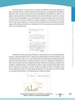 ConteúdoseDidáticadematemática
55
Os textos podem ser para mostrar a solução do problema inicial, para organizar as
ações realizadas até que o gráfico fique pronto, para expressar a comparação de dois gráficos
diferentes sobre o mesmo assunto, entre outras possibilidades. Eles podem ser coletivos, em
duplas e mesmo individuais. Também podem assumir formas diferentes: narrativos, se forem
contar o processo de produção ou as conclusões que tiramos da pesquisa feita; instrucionais,
se forem ensinar como fazer a tabela ou o gráfico; epistolares, se desejarmos enviar um bi-
lhete ou uma carta a alguém, ou a uma outra classe contando nossas conclusões ou aprendi-
zagens sobre gráficos; jornalístico, se desejarmos incluir nossa pesquisa estatística no jornal
mural ou no jornal da escola.
Inicialmente, mesmo que pareça trabalhoso, o desenho precisa ser livre porque pretende-
mos que os alunos percebam como se organiza uma representação em forma de gráfico: eixos,
colocação dos dados, título, etc., e essas compreensões ficam bastante favorecidas quando eles
param sozinhos para observar e desenhar os gráficos a mão livre. Quando isso for proposto, o
ideal é que o desenho seja feito em papel branco, para o aluno não ter que lidar com duas coisas
complexas simultaneamente: a representação do gráfico e régua ou papel quadriculado. Dessa
forma, terminada a construção, os alunos recebem um papel em branco e desenham como
ficou o gráfico que fizeram, sem intervenções do professor. Isso não precisa ser feito em todas
as vezes que fizerem gráficos. O mesmo processo vale para as tabelas.
No desenho podemos ver a tentativa de organizar os
dados e mostrar os valores representados.
 