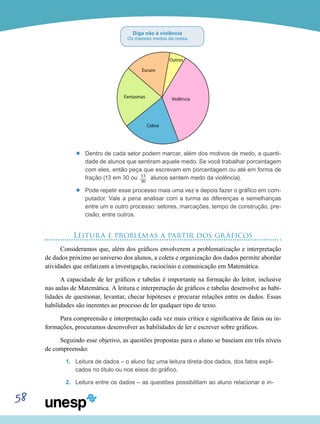 58
’’ Dentro de cada setor podem marcar, além dos motivos de medo, a quanti-
dade de alunos que sentiram aquele medo. Se você trabalhar porcentagem
com eles, então peça que escrevam em porcentagem ou até em forma de
fração (13 em 30 ou 13___
30
alunos sentem medo da violência).
’’ Pode repetir esse processo mais uma vez e depois fazer o gráfico em com-
putador. Vale a pena analisar com a turma as diferenças e semelhanças
entre um e outro processo: setores, marcações, tempo de construção, pre-
cisão, entre outros.
Leitura e problemas a partir dos gráficos
Consideramos que, além dos gráficos envolverem a problematização e interpretação
de dados próximo ao universo dos alunos, a coleta e organização dos dados permite abordar
atividades que enfatizam a investigação, raciocínio e comunicação em Matemática.
A capacidade de ler gráficos e tabelas é importante na formação do leitor, inclusive
nas aulas de Matemática. A leitura e interpretação de gráficos e tabelas desenvolve as habi-
lidades de questionar, levantar, checar hipóteses e procurar relações entre os dados. Essas
habilidades são inerentes ao processo de ler qualquer tipo de texto.
Para compreensão e interpretação cada vez mais crítica e significativa de fatos ou in-
formações, procuramos desenvolver as habilidades de ler e escrever sobre gráficos.
Seguindo esse objetivo, as questões propostas para o aluno se baseiam em três níveis
de compreensão:
1.	 Leitura de dados – o aluno faz uma leitura direta dos dados, dos fatos expli-
cados no título ou nos eixos do gráfico.
2.	 Leitura entre os dados – as questões possibilitam ao aluno relacionar e in-
Diga não à violência
Os maiores medos da nossa
 