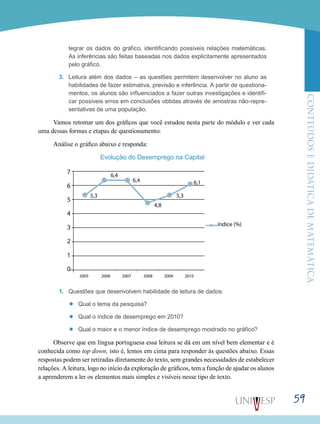 ConteúdoseDidáticadematemática
59
tegrar os dados do gráfico, identificando possíveis relações matemáticas.
As inferências são feitas baseadas nos dados explicitamente apresentados
pelo gráfico.
3.	 Leitura além dos dados – as questões permitem desenvolver no aluno as
habilidades de fazer estimativa, previsão e inferência. A partir de questiona-
mentos, os alunos são influenciados a fazer outras investigações e identifi-
car possíveis erros em conclusões obtidas através de amostras não-repre-
sentativas de uma população.
Vamos retomar um dos gráficos que você estudou nesta parte do módulo e ver cada
uma dessas formas e etapas de questionamento:
Análise o gráfico abaixo e responda:
Evolução do Desemprego na Capital
7
6
5
4
3
2
1
0
2005
índice (%)
5,3
6,4
6,4
4,8
5,3
6,1
2006 2007 2008 2009 2010
1.	 Questões que desenvolvem habilidade de leitura de dados:
’’ Qual o tema da pesquisa?
’’ Qual o índice de desemprego em 2010?
’’ Qual o maior e o menor índice de desemprego mostrado no gráfico?
Observe que em língua portuguesa essa leitura se dá em um nível bem elementar e é
conhecida como top down, isto é, lemos em cima para responder às questões abaixo. Essas
respostas podem ser retiradas diretamente do texto, sem grandes necessidades de estabelecer
relações. A leitura, logo no início da exploração de gráficos, tem a função de ajudar os alunos
a aprenderem a ler os elementos mais simples e visíveis nesse tipo de texto.
 