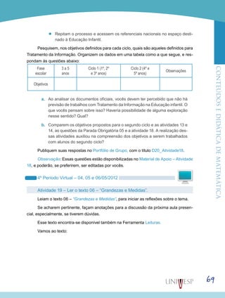 ConteúdoseDidáticadematemática
69
’’ Repitam o processo e acessem os referenciais nacionais no espaço desti-
nado à Educação Infantil.
Pesquisem, nos objetivos definidos para cada ciclo, quais são aqueles definidos para
Tratamento da Informação. Organizem os dados em uma tabela como a que segue, e res-
pondam às questões abaixo:
Fase
escolar
3 a 5
anos
Ciclo 1 (1º, 2º
e 3º anos)
Ciclo 2 (4º e
5º anos)
Observações
Objetivos
a.	 Ao analisar os documentos oficiais, vocês devem ter percebido que não há
previsão de trabalhos com Tratamento da Informação na Educação infantil. O
que vocês pensam sobre isso? Haveria possibilidade de alguma exploração
nesse sentido? Qual?
b.	 Comparem os objetivos propostos para o segundo ciclo e as atividades 13 e
14, as questões da Parada Obrigatória 05 e a atividade 18. A realização des-
sas atividades auxiliou na compreensão dos objetivos a serem trabalhados
com alunos do segundo ciclo?
Publiquem suas respostas no Portfólio de Grupo, com o título D20_Atividade18.
Observação: Essas questões estão disponibilizadas no Material de Apoio – Atividade
18, e poderão, se preferirem, ser editadas por vocês.
4º Período Virtual – 04, 05 e 06/05/2012
Atividade 19 – Ler o texto 06 – “Grandezas e Medidas”.
Leiam o texto 06 – “Grandezas e Medidas”, para iniciar as reflexões sobre o tema.
Se acharem pertinente, façam anotações para a discussão da próxima aula presen-
cial, especialmente, se tiverem dúvidas.
Esse texto encontra-se disponível também na Ferramenta Leituras.
Vamos ao texto:
 
