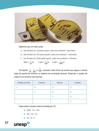88
Sabemos que um metro pode:
a.	 Ser dividido em 10 partes iguais, cada uma medindo 1 decímetro;
b.	 Ser dividido em 100 partes iguais, cada uma medindo 1 centímetro;
c.	 Ser dividido em 1000 partes iguais, cada uma medindo 1 milímetro.
1dm = 1___
10
m 1 cm = 1___
100
m 1 mm =
1___
1000
m
As frações 1___
10
, 1___
100
e
1___
1000 possuem outra forma de escrita que segue a mesma
regra da escrita de números no sistema de numeração decimal. Observem o quadro de
ordens e os números nele escritos:
Unidades de milhar Centenas Dezenas Unidades
1 0 0 0
1 0 0
1 0
1
Cada ordem é igual à anterior dividida por 10.
’’ 1000 : 10 = 100
’’ 100 : 10 = 10
’’ 10 : 10 = 1
 