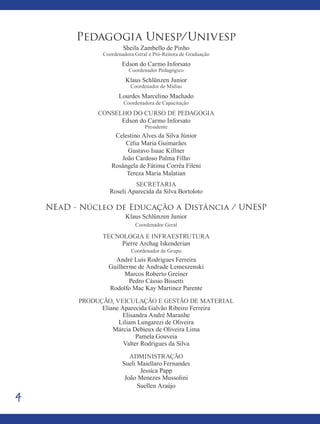 4
Pedagogia Unesp/Univesp
Sheila Zambello de Pinho
Coordenadora Geral e Pró-Reitora de Graduação
Edson do Carmo Inforsato
Coordenador Pedagógico
Klaus Schlünzen Junior
Coordenador de Mídias
Lourdes Marcelino Machado
Coordenadora de Capacitação
Conselho do curso de pedagogia
Edson do Carmo Inforsato
Presidente
Celestino Alves da Silva Júnior
Célia Maria Guimarães
Gustavo Isaac Killner
João Cardoso Palma Filho
Rosângela de Fátima Corrêa Fileni
Tereza Maria Malatian
Secretaria
Roseli Aparecida da Silva Bortoloto
NEaD - Núcleo de Educação a Distância / UNESP
Klaus Schlünzen Junior
Coordenador Geral
Tecnologia e Infraestrutura
Pierre Archag Iskenderian
Coordenador de Grupo
André Luís Rodrigues Ferreira
Guilherme de Andrade Lemeszenski
Marcos Roberto Greiner
Pedro Cássio Bissetti
Rodolfo Mac Kay Martinez Parente
produção, veiculação e Gestão de material
Eliane Aparecida Galvão Ribeiro Ferreira
Elisandra André Maranhe
Liliam Lungarezi de Oliveira
Márcia Debieux de Oliveira Lima
Pamela Gouveia
Valter Rodrigues da Silva
Administração
Sueli Maiellaro Fernandes
Jessica Papp
João Menezes Mussolini
Suellen Araújo
 