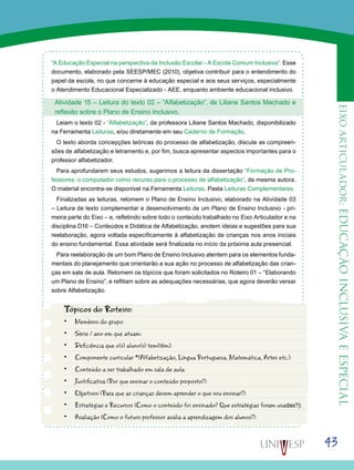 43
eixoarticulador:educaçãoinclusivaeespecial
“A Educação Especial na perspectiva da Inclusão Escolar - A Escola Comum Inclusiva”. Esse
documento, elaborado pela SEESP/MEC (2010), objetiva contribuir para o entendimento do
papel da escola, no que concerne à educação especial e aos seus serviços, especialmente
o Atendimento Educacional Especializado - AEE, enquanto ambiente educacional inclusivo.
Atividade 15 – Leitura do texto 02 – “Alfabetização”, de Liliane Santos Machado e
reflexão sobre o Plano de Ensino Inclusivo.
Leiam o texto 02 - “Alfabetização”, da professora Liliane Santos Machado, disponibilizado
na Ferramenta Leituras, e/ou diretamente em seu Caderno de Formação.
O texto aborda concepções teóricas do processo de alfabetização, discute as compreen-
sões de alfabetização e letramento e, por fim, busca apresentar aspectos importantes para o
professor alfabetizador.
Para aprofundarem seus estudos, sugerimos a leitura da dissertação “Formação de Pro-
fessores: o computador como recurso para o processo de alfabetização”, da mesma autora.
O material encontra-se disponível na Ferramenta Leituras, Pasta Leituras Complementares.
Finalizadas as leituras, retomem o Plano de Ensino Inclusivo, elaborado na Atividade 03
– Leitura de texto complementar e desenvolvimento de um Plano de Ensino Inclusivo - pri-
meira parte do Eixo – e, refletindo sobre todo o conteúdo trabalhado no Eixo Articulador e na
disciplina D16 – Conteúdos e Didática de Alfabetização, anotem ideias e sugestões para sua
reelaboração, agora voltada especificamente à alfabetização de crianças nos anos iniciais
do ensino fundamental. Essa atividade será finalizada no início da próxima aula presencial.
Para reelaboração de um bom Plano de Ensino Inclusivo atentem para os elementos funda-
mentais do planejamento que orientarão a sua ação no processo de alfabetização das crian-
ças em sala de aula. Retomem os tópicos que foram solicitados no Roteiro 01 – “Elaborando
um Plano de Ensino”, e reflitam sobre as adequações necessárias, que agora deverão versar
sobre Alfabetização.
Tópicos do Roteiro:
•	 Membros do grupo:
•	 Série / ano em que atuam:
•	 Deficiência que o(s) aluno(s) tem(têm):
•	 Componente curricular *(Alfabetização, Língua Portuguesa, Matemática, Artes etc.):
•	 Conteúdo a ser trabalhado em sala de aula:
•	 Justificativa (Por que ensinar o conteúdo proposto?):
•	 Objetivos (Para que as crianças devem aprender o que vou ensinar?):
•	 Estratégias e Recursos (Como o conteúdo foi ensinado? Que estratégias foram usadas?):
•	 Avaliação (Como o futuro professor avalia a aprendizagem dos alunos?):
 