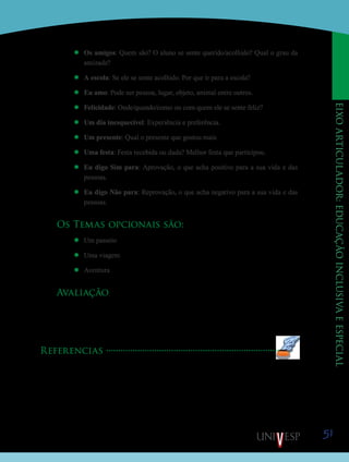 eixoarticulador:educaçãoinclusivaeespecial
51
’’ Os amigos: Quem são? O aluno se sente querido/acolhido? Qual o grau da
amizade?
’’ A escola: Se ele se sente acolhido. Por que ir para a escola?
’’ Eu amo: Pode ser pessoa, lugar, objeto, animal entre outros.
’’ Felicidade: Onde/quando/como ou com quem ele se sente feliz?
’’ Um dia inesquecível: Experiência e preferência.
’’ Um presente: Qual o presente que gostou mais
’’ Uma festa: Festa recebida ou dada? Melhor festa que participou.
’’ Eu digo Sim para: Aprovação, o que acha positivo para a sua vida e das
pessoas.
’’ Eu digo Não para: Reprovação, o que acha negativo para a sua vida e das
pessoas.
Os Temas opcionais são:
’’ Um passeio
’’ Uma viagem
’’ Aventura
Avaliação
Para finalizar, o professor pode propor aos alunos uma apresentação oral para os cole-
gas de sala, compartilhando momentos e experiências; pode haver uma melhora na relação
entre eles.
Referencias
Hiratomi, L. T. et al. Arte educação: uma alternativa de trabalho para alunos com retardo mental. In:
SEMINÁRIO INTERNACIONAL DE EDUCAÇÃO, 1., 2001, Maringá. Resumos... Maringá: UEM, 2001, 1
CD-ROM.
Mosquera, J. J. M. Psicologia da arte. Porto Alegre: Sulina, 1976.
Saiba Mais
Saiba Mais
 