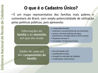 SecretariaNacionaldeRendadeCidadania
O que é o Cadastro Único?
• É um mapa representativo das famílias mais pobres e
vulneráveis do Brasil, com ampla potencialidade de utilização
pelas políticas públicas, pois apresenta:
• composição familiar;
• endereço e características de seu domicílio;
• acesso a serviços públicos de água,
saneamento e energia elétrica, entre outros;
• despesas mensais; e
• vinculação a Programas Sociais.
Informações da
família e do domicílio
em que ela reside
• documentação civil;
• qualificação escolar;
• situação no mercado de trabalho;
• rendimentos, entre outros.
Dados de cada um
dos componentes da
família
 