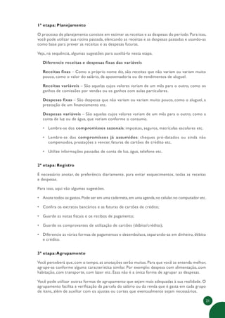 21
1ª etapa: Planejamento
O processo de planejamento consiste em estimar as receitas e as despesas do período. Para isso,
você pode utilizar sua rotina passada, elencando as receitas e as despesas passadas e usando-as
como base para prever as receitas e as despesas futuras.
Veja, na sequência, algumas sugestões para auxiliá-lo nesta etapa.
Diferencie receitas e despesas fixas das variáveis
Receitas fixas – Como o próprio nome diz, são receitas que não variam ou variam muito
pouco, como o valor do salário, da aposentadoria ou de rendimentos de aluguel.
Receitas variáveis – São aquelas cujos valores variam de um mês para o outro, como os
ganhos de comissões por vendas ou os ganhos com aulas particulares.
Despesas fixas – São despesas que não variam ou variam muito pouco, como o aluguel, a
prestação de um financiamento etc.
Despesas variáveis – São aquelas cujos valores variam de um mês para o outro, como a
conta de luz ou de água, que variam conforme o consumo.
• Lembre-se dos compromissos sazonais: impostos, seguros, matrículas escolares etc.
• Lembre-se dos compromissos já assumidos: cheques pré-datados ou ainda não
compensados, prestações a vencer, faturas de cartões de crédito etc.
• Utilize informações passadas de conta de luz, água, telefone etc.
2ª etapa: Registro
É necessário anotar, de preferência diariamente, para evitar esquecimentos, todas as receitas
e despesas.
Para isso, aqui vão algumas sugestões.
• Anote todos os gastos.Pode ser em uma caderneta,em uma agenda,no celular,no computador etc.
• Confira os extratos bancários e as faturas de cartões de crédito;
• Guarde as notas fiscais e os recibos de pagamento;
• Guarde os comprovantes de utilização de cartões (débito/crédito);
• Diferencie as várias formas de pagamentos e desembolsos, separando-as em dinheiro, débito
e crédito.
3ª etapa: Agrupamento
Você perceberá que, com o tempo, as anotações serão muitas. Para que você as entenda melhor,
agrupe-as conforme alguma característica similar. Por exemplo: despesa com alimentação, com
habitação, com transporte, com lazer etc. Essa não é a única forma de agrupar as despesas.
Você pode utilizar outras formas de agrupamento que sejam mais adequadas à sua realidade. O
agrupamento facilita a verificação da parcela do salário ou da renda que é gasta em cada grupo
de itens, além de auxiliar com os ajustes ou cortes que eventualmente sejam necessários.
 