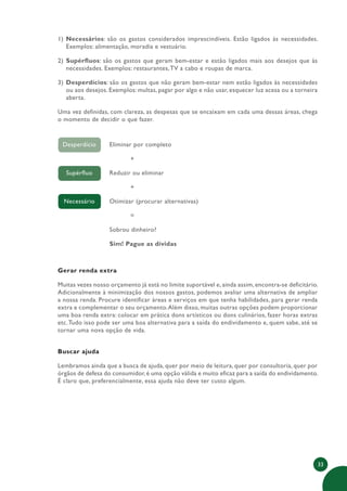 33
Eliminar por completo
+
Reduzir ou eliminar
+
Otimizar (procurar alternativas)
=
Sobrou dinheiro?
Sim! Pague as dívidas
Desperdício
Supérfluo
Necessário
1) Necessários: são os gastos considerados imprescindíveis. Estão ligados às necessidades.
Exemplos: alimentação, moradia e vestuário.
2) Supérfluos: são os gastos que geram bem-estar e estão ligados mais aos desejos que às
necessidades. Exemplos: restaurantes,TV a cabo e roupas de marca.
3) Desperdícios: são os gastos que não geram bem-estar nem estão ligados às necessidades
ou aos desejos. Exemplos: multas, pagar por algo e não usar, esquecer luz acesa ou a torneira
aberta.
Uma vez definidas, com clareza, as despesas que se encaixam em cada uma dessas áreas, chega
o momento de decidir o que fazer.
Gerar renda extra
Muitas vezes nosso orçamento já está no limite suportável e, ainda assim, encontra-se deficitário.
Adicionalmente à minimização dos nossos gastos, podemos avaliar uma alternativa de ampliar
a nossa renda. Procure identificar áreas e serviços em que tenha habilidades, para gerar renda
extra e complementar o seu orçamento.Além disso, muitas outras opções podem proporcionar
uma boa renda extra: colocar em prática dons artísticos ou dons culinários, fazer horas extras
etc.Tudo isso pode ser uma boa alternativa para a saída do endividamento e, quem sabe, até se
tornar uma nova opção de vida.
Buscar ajuda
Lembramos ainda que a busca de ajuda, quer por meio de leitura, quer por consultoria, quer por
órgãos de defesa do consumidor,é uma opção válida e muito eficaz para a saída do endividamento.
É claro que, preferencialmente, essa ajuda não deve ter custo algum.
 