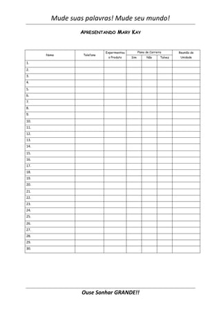 Mude suas palavras! Mude seu mundo!
                APRESENTANDO MARY KAY


                            Experimentou         Plano de Carreira        Reunião de
      Nome       Telefone
                             o Produto     Sim         Não       Talvez    Unidade
1.
2.
3.
4.
5.
6.
7.
8.
9.
10.
11.
12.
13.
14.
15.
16.
17.
18.
19.
20.
21.
22.
23.
24.
25.
26.
27.
28.
29.
30.




                 Ouse Sonhar GRANDE!!
 