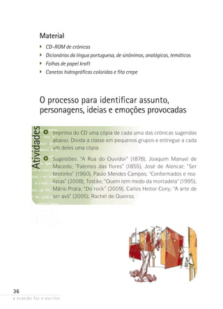 a ocasião faz o escritor
36
AtividadesMaterial
�	 CD-ROM de crônicas
�	 Dicionários da língua portuguesa, de sinônimos, analógicos, temáticos
�	 Folhas de papel kraft
�	 Canetas hidrográficas coloridas e fita crepe
O processo para identificar assunto,
personagens, ideias e emoções provocadas
Imprima do CD uma cópia de cada uma das crônicas sugeridas
abaixo. Divida a classe em pequenos grupos e entregue a cada
um deles uma cópia.
Sugestões: “A Rua do Ouvidor” (1878), Joaquim Manuel ­de
Macedo; “Falemos das flores” (1855), José de Alencar; “Ser
brotinho” (1960), Paulo Mendes Campos; “Conformados e rea-
listas” (2008), Tostão; “Quem tem medo da mortadela” (1995),
Mário Prata; “Do rock” (2009), Carlos Heitor Cony; “A arte de
ser avó” (2005), Rachel de Queiroz.
 