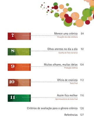 Assim fica melhor
Aprimoramento do texto final
Ofício de cronista
Texto final
Muitos olhares, muitas ideias
Produção coletiva
Olhos atentos no dia a dia
Escolha do foco narrativo
Merece uma crônica
Situações da vida cotidiana
116
112
92
104
84
127
126Critérios de avaliação para o gênero crônica
Referências
11
10
9
8
7 ...................................................
...................................................
...................................................
...................................................
...................................................
 