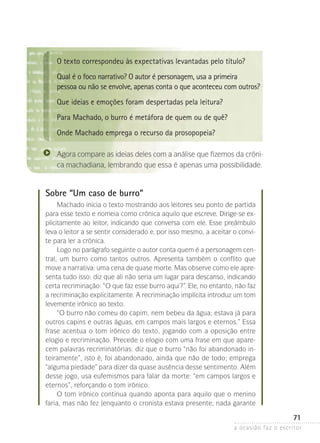 a ocasião faz o escritor
71
O texto correspondeu às expectativas levantadas pelo título?
Qual é o foco narrativo? O autor é personagem, usa a primeira
pessoa ou não se envolve, apenas conta o que aconteceu com outros?
Que ideias e emoções foram despertadas pela leitura?
Para Machado, o burro é metáfora de quem ou de quê?
Onde Machado emprega o recurso da prosopopeia?
Agora compare as ideias deles com a análise que fizemos da crôni-
ca machadiana, lembrando que essa é apenas uma possibilidade.
Sobre “Um caso de burro”
Machado inicia o texto mostrando aos leitores seu ponto de partida
para esse texto e nomeia como crônica aquilo que escreve. Dirige-se ex-
plicitamente ao leitor, indicando que conversa com ele. Esse preâmbulo
leva o leitor a se sentir considerado e, por isso mesmo, a aceitar o convi-
te para ler a crônica.
Logo no parágrafo seguinte o autor conta quem é a personagem cen-
tral, um burro como tantos outros. Apresenta também o conflito que
move a narrativa: uma cena de quase morte. Mas observe como ele apre-
senta tudo isso: diz que ali não seria um lugar para descanso, indicando
certa recriminação: “O que faz esse burro aqui?”. Ele, no entanto, não faz
a recriminação explicitamente. A recriminação implícita introduz um tom
levemente irônico ao texto.
“O burro não comeu do capim, nem bebeu da água; estava já para
outros capins e outras águas, em campos mais largos e eternos.” Essa
frase acentua o tom irônico do texto, jogando com a oposição entre
elogio e recriminação. Precede o elogio com uma frase em que apare-
cem palavras recriminatórias: diz que o burro “não foi abandonado in-
teiramente”, isto é, foi abandonado, ainda que não de todo; emprega
“alguma piedade” para dizer da quase ausência desse sentimento. Além
desse jogo, usa eufemismos para falar da morte: “em campos largos e
eternos”, reforçando o tom irônico.
O tom irônico continua quando aponta para aquilo que o menino
faria, mas não fez (enquanto o cronista estava presente; nada garante
 
