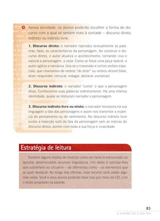 a ocasião faz o escritor
83
Nessa atividade, os alunos poderão escolher a forma de dis-
curso com a qual se sentem mais à vontade – discurso direto,
indireto ou indireto livre.
1. Discurso direto: o narrador reproduz textualmente as pala-
vras, falas, as características da personagem. Ao construir o dis-
curso direto, o autor atualiza o acontecimento, tornando viva e
natural a personagem, a cena. Como se fosse uma peça teatral, o
autor agiliza a narrativa. Usa-se o travessão e certos verbos espe-
ciais, que chamamos de verbos “de dizer” ou verbos dicend (falar,
dizer, responder, retrucar, indagar, declarar, exclamar).
2. Discurso indireto: o narrador “conta” o que a personagem
disse. Conhecemos suas palavras indiretamente. Há uma intensa
identidade, quase se misturam narrador e personagem.
3. Discurso indireto livre ou misto: o narrador incorpora na sua
linguagem a fala das personagens e assim nos transmite a essên-
cia do pensamento ou do sentimento. No discurso indireto livre
existe a inserção sutil da fala da personagem sem as marcas do
discurso direto, porém com toda a sua força e vivacidade.
Existem alguns modos de mostrar como um texto é estruturado ou
apontar determinados recursos linguísticos. Um deles é solicitar-lhes
que sublinhem ou circulem – de diferentes cores – os ele­mentos que
se quer destacar. Ao longo das oficinas, esse recurso será usado algu-
mas vezes. Você e seus alunos poderão fazer isso por meio do CD, com
o texto projetado na parede.
Estratégia de leitura
 