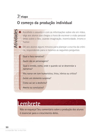 a ocasião faz o escritor
90
Atividades
Lembrete
Não se esqueça! Seu comentário sobre a produção dos alunos
é essencial para o crescimento deles.
3ª- etapa
O começo da produção individual
Escolhido o assunto e com as informações sobre ele em mãos,
diga aos alunos que chegou a hora de escrever a visão pessoal
deles sobre o fato, usando imaginação, inventividade, lirismo e
humor.
Dê aos alunos alguns minutos para planejar a escrita da crôni-
ca, respondendo para si mesmos as seguintes perguntas:
Qual o foco narrativo?
Quem são as personagens?
Qual o enredo, como, onde e quando vai se desenrolar a
narrativa?
Vou narrar em tom humorístico, lírico, irônico ou crítico?
Existe um elemento surpresa?
Como vai ser o desfecho?
Aberto ou conclusivo?
 