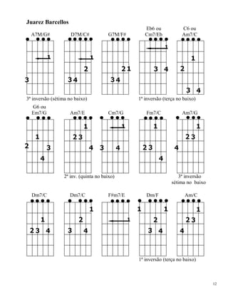 12 
Juarez Barcellos Eb6 ou C6 ou A7M/G# D7M/C# G7M/F# Cm7/Eb Am7/C 3ª inversão (sétima no baixo) 1ª inversão (terça no baixo) G6 ou Em7/G Am7/E Cm7/G Fm7/C Am7/G 2ª inv. (quinta no baixo) 3ª inversão sétima no baixo Dm7/C Dm7/C F#m7/E Dm/F 6 Am/C 1ª inversão (terça no baixo) 
 