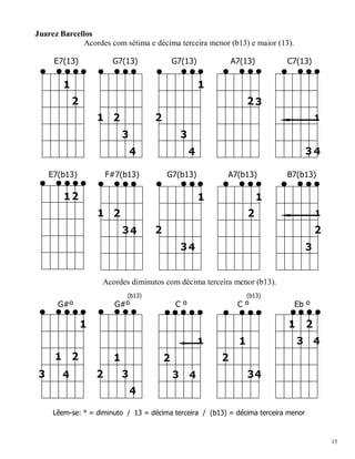 15 
Juarez Barcellos Acordes com sétima e décima terceira menor (b13) e maior (13). 
E7(13) G7(13) G7(13) A7(13) C7(13) 
E7(b13) F#7(b13) G7(b13) A7(b13) B7(b13) Acordes diminutos com décima terceira menor (b13). 
(b13) (b13) G#º G#º C º C º Eb º Lêem-se: ° = diminuto / 13 = décima terceira / (b13) = décima terceira menor  