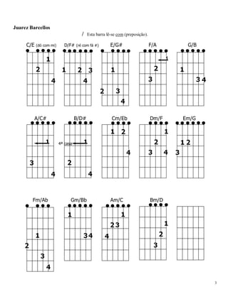 3 
Juarez Barcellos / Esta barra lê-se com (preposição). 
C/E (dó com mi) D/F# (ré com fá #) E/G# F/A G/B 
A/C# B/D# Cm/Eb Dm/F Em/G 
4ª casa 
Fm/Ab Gm/Bb Am/C Bm/D  