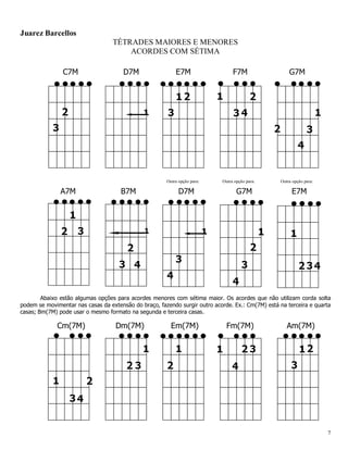 7 
Juarez Barcellos TÉTRADES MAIORES E MENORES ACORDES COM SÉTIMA C7M D7M E7M F7M G7M 
A7M B7M D7M G7M E7M 
Abaixo estão algumas opções para acordes menores com sétima maior. Os acordes que não utilizam corda solta podem se movimentar nas casas da extensão do braço, fazendo surgir outro acorde. Ex.: Cm(7M) está na terceira e quarta casas; Bm(7M) pode usar o mesmo formato na segunda e terceira casas. Cm(7M) Dm(7M) Em(7M) Fm(7M) Am(7M) 
Outra opção para: 
Outra opção para: 
Outra opção para:  