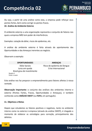 14
Empreendedorismo
Competência 02
Ou seja, a partir de uma análise como esta, a empresa pode reforçar seus
pontos fortes, bem como corrigir os pontos fracos.
10. Análise de Ambiente Externo
O ambiente externo a uma organização representa o conjunto de fatores nos
quais a empresa NÃO tem poder de interferência.
Exemplos: cotação do dólar, riscos de epidemias, etc.
A análise do ambiente externo é feita através do apontamento das
Oportunidades e das Ameaças inerentes ao negócio.
Observem o exemplo:
OPORTUNIDADES AMEAÇAS
Dólar barato Risco de epidemia de Dengue
Juros em queda Crise Internacional
Brasil grau de investimento
Quadro 2
Fonte: o autor
Esta análise nos faz preparar o empreendimento para fatores alheios à nossa
vontade.
Observação Importante: o conjunto das análises dos ambientes interno e
externo (Pontos Fortes, Fracos, Oportunidades e Ameaças), é também
conhecida como ANÁLISE SWOT (ou FOFA, em português).
11. Objetivos e Metas
Depois que estudamos os fatores positivos e negativos, tanto no ambiente
interno como no externo à empresa (através da análise SWOT), é chegado o
momento de elaborar as estratégias para correção, principalmente dos
defeitos.
 