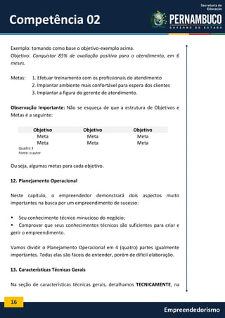 16
Empreendedorismo
Competência 02
Exemplo: tomando como base o objetivo-exemplo acima.
Objetivo: Conquistar 85% de avaliação positiva para o atendimento, em 6
meses.
Metas: 1. Efetuar treinamento com os profissionais do atendimento
2. Implantar ambiente mais confortável para espera dos clientes
3. Implantar a figura do gerente de atendimento.
Observação Importante: Não se esqueça de que a estrutura de Objetivos e
Metas é a seguinte:
Objetivo Objetivo Objetivo
Meta Meta Meta
Meta Meta Meta
Quadro 3
Fonte: o autor
Ou seja, algumas metas para cada objetivo.
12. Planejamento Operacional
Neste capítulo, o empreendedor demonstrará dois aspectos muito
importantes na busca por um empreendimento de sucesso:
 Seu conhecimento técnico minucioso do negócio;
 Comprovar que seus conhecimentos técnicos são suficientes para criar e
gerir o empreendimento.
Vamos dividir o Planejamento Operacional em 4 (quatro) partes igualmente
importantes. Todas elas são fáceis de entender, porém de difícil elaboração.
13. Características Técnicas Gerais
Na seção de características técnicas gerais, detalhamos TECNICAMENTE, na
 