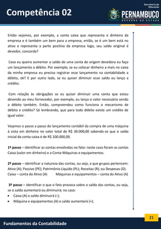 Competência 02
Então vejamos, por exemplo, a conta caixa que representa o dinheiro da
empresa e é também um bem para a empresa, então, se é um bem está no
ativo e representa a parte positiva da empresa logo, seu saldo original é
devedor, concorda?
Caso eu queira aumentar o saldo de uma conta de origem devedora eu faço
um lançamento a débito. Por exemplo, se eu colocar dinheiro a mais no caixa
da minha empresa eu preciso registrar esse lançamento na contabilidade a
débito, ok? E por outro lado, se eu quiser diminuir esse saldo eu lanço a
crédito.
Com relação às obrigações se eu quiser diminuir uma conta que estou
devendo ao meu fornecedor, por exemplo, eu lanço o valor necessário sendo
a débito também. Então, compreendeu como funciona o mecanismo de
débito e crédito? Só lembrando, que para todo débito existe um crédito de
igual valor.
Vejamos o passo a passo do lançamento contábil da compra de uma máquina
à vista em dinheiro no valor total de R$ 30.000,00 sabendo-se que o saldo
inicial da conta caixa é de R$ 100.000,00.
1º passo – identificar as contas envolvidas no fato: neste caso foram as contas
Caixa (valor em dinheiro) e a Conta Máquinas e equipamentos.
2º passo – identificar a natureza das contas, ou seja, a que grupos pertencem:
Ativo (A); Passivo (PE); Patrimônio Líquido (PL); Receitas (R); ou Despesas (D).
Caixa – conta do Ativo (A)
Máquinas e equipamentos – conta do Ativo (A)
3º passo – identificar o que o fato provoca sobre o saldo das contas, ou seja,
se o saldo aumentará ou diminuirá; no caso:
 Caixa (A) o saldo diminuirá (-);
 Máquina e equipamentos (A) o saldo aumentará (+);

21

Fundamentos da Contabilidade

 
