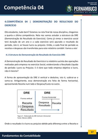 Competência 04
4.COMPETÊNCIA 04 | DEMONSTRAÇÃO DO RESULTADO DO
EXERCÍCIO
Olá estudante, tudo bem? Estamos na reta final de nossa disciplina, chegamos
a quarta e última competência. Nela nos vamos estudar a estrutura da DRE
(Demonstração do Resultado do Exercício). Como já vimos o exercício social
terá duração de um ano e a cada exercício será apurado o resultado do
período, isto é, se houve lucro ou prejuízo. Então, a cada final de período as
receitas e despesas são transferidas para este relatório contábil. Vamos a ela!
4.1 Estrutura da Demonstração do Resultado do Exercício DRE
A Demonstração do Resultado do Exercício é o relatório sucinto das operações
realizadas pela empresa no exercício Social, evidenciando o Resultado Líquido
do período: Lucro ou Prejuízo. E é claro que toda empresa objetiva o lucro,
não é mesmo?
A forma de apresentação da DRE é vertical e dedutiva, isto é, subtrai-se e
soma-se. Antigamente, essa demonstração era feita de forma horizontal,
apresentando Receita num lado e Despesa/Custo no outro.

Figura 5 - Elaboração da DRE Vertical x Horizontal
Fonte: Marion (2005)

Onde o resultado é o lucro ou prejuízo obtido pela diferença entre a Receita e

37

Fundamentos da Contabilidade

 