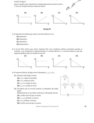 Editável e fotocopiável © Texto | Novo 10 F 95
Respostas às Questões Complementares
1. a) (13,2 ± 0,1) °C.
b) (D)
[ȟ‫ܧ‬ = ܿž୥୳ୟ݉(‫ݐ‬୤ െ ‫ݐ‬୧) = 4,18 × 10ଷ
J k‰ିଵ
°Cିଵ
× 0,1804 ‰ × (13,2 െ 39,7) °C =
= 4,18 × 10ଷ
× 0,1804 × (13,2 െ 39,7) J ]
c) (i) A variação de energia interna da água inicialmente no estado líquido é simétrica da
variação de energia interna do gelo.
ȟܷୱ୧ୱ୲ୣ୫ୟ = 0 ֜ ȟܷž୥୳ୟ ୧୬୧ୡ୧ୟ୪/୪À୯୳୧ୢୟ + ȟܷž୥୳ୟ ୧୬୧ୡ୧ୟ୪/ୱ×୪୧ୢୟ = 0 ֞
ȟܷž୥୳ୟ ୧୬୧ୡ୧ୟ୪/୪À୯୳୧ୢୟ = െȟܷž୥୳ୟ ୧୬୧ୡ୧ୟ୪/ୱ×୪୧ୢୟ.
(ii) ȟܷୱ୧ୱ୲ୣ୫ୟ = 0 ֜ ܳଵ + ܳଶ = 0 ֞
ܿž୥୳ୟ݉ଵ × (‫ݐ‬୤ െ ‫ݐ‬ଵ୧) + ȟ݄୤୳ୱ ୭݉ଶ + ܿž୥୳ୟ݉ଶ × (‫ݐ‬୤ െ ‫ݐ‬ଶ୧) = 0 ֜
4,18 × 10ଷ
× 0,1804 × (13,2 െ 39,7) + ȟ݄୤୳ୱ ୭ × 0,0523 + 4,18 × 10ଷ
× 0,0523
× (13,2 െ 0,0) = 0 ֞
ȟ݄୤୳ୱ ୭ × 0,0523 = 1,710 × 10ସ
֞ ȟ݄୤୳ୱ ୭ = 3,27 × 10ହ
J k‰ିଵ
.
d) (i) Como a variação de entalpia mássica de fusão é menor do que o previsto, tal significa
que a energia usada para aquecer a água fria, desde os 0 °C até à temperatura de
equilíbrio, deve ser maior do que o previsto. Como a temperatura de equilíbrio é
maior do que o previsto, pode concluir-se que a transferência de energia é da
vizinhança para o sistema, dado que a energia interna final é maior do que seria
previsível.
(ii) ȟ‫ܧ‬୤୳ୱ ୭ = ȟ݄୤୳ୱ ୭ × ݉ଶ = 3,34 × 10ହ
× 0,0523 = 1,75 × 10ସ
J.
e) (ii) ȟܷୱ୧ୱ୲ୣ୫ୟ = 0 ֜ ܳଵ + ܳଶ = 0 ֞ ܿž୥୳ୟ݉ଵ × (‫ݐ‬୤ െ ‫ݐ‬ଵ௜) + ܿž୥୳ୟ݉ଶ × (‫ݐ‬୤ െ ‫ݐ‬ଶ௜) = 0 ֜
݉ଵ × (‫ݐ‬୤ െ ‫ݐ‬ଵ௜) + ݉ଶ × (‫ݐ‬୤ െ ‫ݐ‬ଶ௜) = 0 ֜
0,1804 × (‫ݐ‬୤ െ 39,7) + 0,0523 × (‫ݐ‬୤ െ 0) = 0 ֜ 0,2327‫ݐ‬୤ = 7,162 ֜ ‫ݐ‬୤ = 30,8 °C.
Com uma certa massa de água líquida a 0 °C a temperatura do sistema diminui 8,9 °C,
enquanto que com a mesma massa de gelo, também a 0 °C, a temperatura diminui
26,5 °C, o que significa que o arrefecimento com gelo é muito mais eficiente do que
com água fria.
f)
ห୼௛౜౫౩ ౥,౛౮౦ିଷ,ଷସ×ଵ଴ఱห
ଷ,ଷସ×ଵ଴ఱ × 100 = 3,9 ֞ หȟ݄ˆ—• ‘ǡ‡š’ െ 3,34 × 10ହ
ห = 1,30 × 10ସ
.
Como o valor experimental de ȟ݄୤୳ୱ ୭ tem um erro por defeito, conclui-se que
ȟ݄ˆ—• ‘ǡ‡š’ െ 3,34 × 10ହ
= െ1,30 × 10ସ
֞ ȟ݄ˆ—• ‘ǡ‡š’ = 3,21 × 10ହ
J k‰ିଵ
.
 