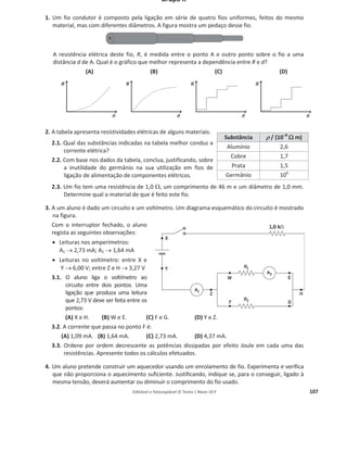 Editável e fotocopiável © Texto | Novo 10 F 103
Grupo II
Uma corda ligada a um carro puxa um bloco, com a massa de 20 kg, exercendo-lhe uma força de 25 N
segundo um ângulo de 38° com a horizontal. No início de um percurso retilíneo horizontal de 13 m o
bloco deslocava-se com a velocidade de 3,0 m/s. A força de atrito entre o bloco e a superfície é igual
a 9,85% do peso do bloco.
1. Determine o trabalho realizado sobre o bloco pela força exercida pela corda.
2. Calcule o trabalho realizado sobre o bloco pela força de atrito.
3. Houve forças exercidas sobre o bloco que não realizaram trabalho. Quais foram elas? Explique o
motivo dessas forças terem realizado um trabalho nulo.
4. Tire conclusões, justificando, sobre a variação de energia cinética sofrida pelo bloco naquele
percurso de 13 m.
5. O mesmo bloco é largado do ponto A da rampa de
altura h da figura ao lado.
5.1. Calcule o trabalho do peso do bloco entre os
pontos A e B.
5.2. Nesta rampa, a força de atrito tem a intensidade
de 34 N.
Calcule a velocidade com que o bloco chega a B.
 