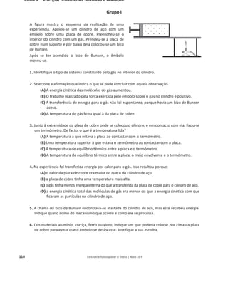 106 Editável e fotocopiável © Texto | Novo 10 F
Ficha 3 – Energia e fenómenos elétricos
Grupo I
1. Uma carga elétrica de 1,8 C atravessa uma secção de um condutor por cada segundo que decorre.
A grandeza física que traduz esta descrição é:
(A) o ampere.
(B) a tensão elétrica.
(C) o volt.
(D) a corrente elétrica.
2. A diferença de potencial elétrico, ou tensão elétrica, entre dois pontos A e B de um circuito,
define-se como o trabalho realizado pelas forças elétricas:
(A) sobre os eletrões que atravessam uma secção transversal desse troço.
(B) sobre os eletrões que circulam entre os pontos A e B.
(C) nos eletrões de condução que atravessam uma secção transversal entre A e B, os quais
transportam a unidade de carga.
(D) sobre as cargas elétricas entre os pontos A e B, por cada unidade de carga elétrica.
3. Uma corrente elétrica de 200 mA circula num condutor.
Qual é o significado desta afirmação?
4. Classifique cada uma das seguintes afirmações como verdadeira ou como falsa.
(A) Só existe uma corrente elétrica contínua se as cargas elétricas se moverem sempre no
mesmo sentido.
(B) A corrente elétrica alternada é o resultado de sucessivamente se ligar e desligar um
interruptor.
(C) Para haver uma corrente elétrica tem de haver uma tensão elétrica entre dois pontos de
um condutor.
(D) Sempre que os eletrões se moverem no condutor há uma corrente elétrica.
(E) Para o mesmo valor de tensão elétrica, se a corrente for maior, a resistência elétrica é
menor.
(F) Num condutor a corrente elétrica é I, mas noutro é 2 I, donde se conclui que o primeiro tem
maior resistência elétrica.
(G Numa solução aquosa os iões positivos movem-se num sentido e os negativos noutro; então
tem-se corrente elétrica alternada.
5. Num material condutor, uma secção transversal é atravessada por uma carga elétrica de 6 C
durante 3 s Ğ͕ƐŝŵƵůƚĂŶĞĂŵĞŶƚĞĞŶŽŵĞƐŵŽŝŶƚĞƌǀĂůŽĚĞƚĞŵƉŽ͕ƉŽƌŽƵƚƌĂĐĂƌŐĂĞůĠƚƌŝĐĂĚĞоϲ͕
mas em sentido oposto. Explique por que é que um amperímetro mediria um valor não nulo de
corrente elétrica.
 