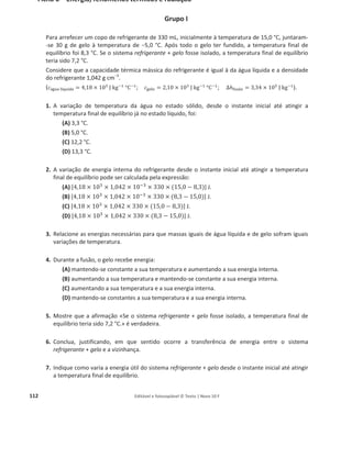 108 Editável e fotocopiável © Texto | Novo 10 F
Ficha 4 – Energia e fenómenos elétricos
Grupo I
Observe o esquema do seguinte circuito elétrico em que o amperímetro marca 200 mA. O gerador do
circuito tem uma força eletromotriz de 4,5 V.
1. Identifique o tipo de associação da resistência de 4,5 : com o conjunto das duas resistências de
3,0 : e de 6,0 :.
2. Relacione, justificando, as correntes elétricas que atravessam as resistências de 3,0 : e de 6,0 :.
3. Determine a energia dissipada na resistência de 6,0 : em meia hora:
4. A corrente elétrica que atravessa a resistência de 4,5 : é
(A) 0,150 A. (B) 0,200 A. (C) 0,300 A. (D) 0,600 A.
5. A energia disponibilizada, por unidade de tempo, pelo gerador ao circuito é:
(A) igual à soma das energias dissipadas, por unidade de tempo, nas três resistências do
circuito.
(B) menor do que a soma das energias dissipadas, por unidade de tempo, nas resistências de
3,0 :e de 6,0 :.
(C) maior do que a soma das energias dissipadas, por unidade de tempo, nas três resistências
do circuito.
(D) igual à energia dissipada, por unidade de tempo, na resistência de 4,5 :.
6. Determine a resistência interna do gerador.
 