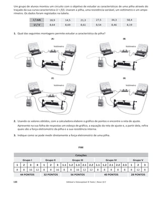 126 1.4.1 Editável e fotocopiável © Texto | Novo 10 F
7. Determine a intensidade da força de resistência do ar, caso fosse constante, que deveria atuar na bola
durante a descida, desde a posição de altura máxima até ao regresso à posição inicial.
Apresente todas as etapas de resolução.
FIM
Cotações
Grupo I Grupo II Grupo III
1 2 3 4 5 1 2 3.1 3.2 4 5 6 7 1 2 3 4 5 6 7
8 8 8 8 12 8 8 8 12 16 8 8 12 16 8 12 8 8 8 16
44 PONTOS 80 PONTOS 76 PONTOS
 