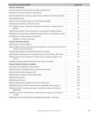 Editável e fotocopiável © Texto | Novo 10 F 17
Recursos de 20 Aula Digital
Documentos PowerPoint (PWP) Página (M)
Energia e movimentos
1.1.1 Energia e tipos fundamentais de energia. Energia interna 10
1.1.2 Sistema mecânico redutível a uma partícula 14
1.1.3 Transferências de energia por ação de forças. Trabalho de uma força constante 16
1.1.4 Trabalho do peso 21
1.1.5 Teorema da Energia Cinética (ou Lei do Trabalho-Energia) 25
1.1.6 Forças conservativas e não conservativas 27
1.1.7 Trabalho do peso, variação da energia potencial gravítica e energia potencial
gravítica
29
1.1.8 Energia mecânica, forças conservativas e conservação da energia mecânica 33
1.1.9 Forças não conservativas, variação da energia mecânica e dissipação de energia 34
1.1.10 Potência, energia dissipada e rendimento 37
Medições e incertezas associadas 40
Energia e fenómenos elétricos
1.2.1 Energia e correntes elétricas 70
1.2.2 Grandezas elétricas: diferença de potencial elétrico e corrente elétrica. Corrente
contínua e corrente alternada
71
1.2.3 Grandezas elétricas: resistência elétrica de um condutor 76
1.2.4 Energia transferida para um componente de um circuito elétrico. Efeito Joule 81
1.2.5 Características de um gerador de tensão contínua. Balanço energético num
circuito
84
1.2.6 Associações de componentes elétricos em série e em paralelo 87
Energia, fenómenos térmicos e radiação
1.3.1 Sistema termodinâmico. Sistema isolado 108
1.3.2 Temperatura, equilíbrio térmico e escalas de temperatura 109
1.3.3 Transferências de energia por calor 113
1.3.4 Radiação e irradiância. Painéis fotovoltaicos 115
1.3.5 Condução térmica 122
1.3.6 Convecção térmica 124
1.3.7 Transferências de energia como calor num coletor solar 125
1.3.8 Aquecimento e arrefecimento de sistemas: capacidade térmica mássica 126
1.3.9 Aquecimento e mudanças de estado: variação das entalpias de fusão e de
vaporização
129
1.3.10 Primeira Lei da Termodinâmica: transferências de energia e conservação da
energia
131
1.3.11 Segunda Lei da Termodinâmica: degradação da energia e rendimento 133
 