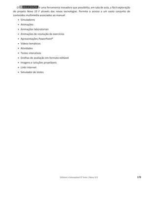 Editável e fotocopiável © Texto | Novo 10 F 175
a) Justifique, com base no gráfico, a afirmação seguinte.
«Fornecendo a mesma energia a massas iguais de água líquida e de gelo, verifica-se que o
aumento de temperatura é maior no gelo.»
b) Selecione a alternativa correta.
(A) A energia recebida pela água na fase sólida (A ї B) pode ser calculada pela expressão
‫ܧ‬ = 3,34 × 10ହ
× ݉ × ߠଵ J.
(B) A energia recebida pela água durante a ebulição (D ї E) pode ser calculada pela
expressão ‫ܧ‬ = 2,26 × 10଺
× ݉ × 100 J.
(C) A energia recebida pela água na fase líquida (C ї D) pode ser calculada pela expressão
‫ܧ‬ = 4200 × ݉ × 100 J.
(D) A energia recebida pela água durante a fusão (B ї C) pode ser calculada pela expressão
‫ܧ‬ = 2100 × ݉ × 100 J.
29. Considere uma amostra de um metal que se encontra à temperatura de fusão desse metal e a
pressão constante.
Se se pretender calcular a energia necessária para fundir completamente a amostra, as grandezas
que devem ser conhecidas são
(A) a temperatura de fusão do metal e a capacidade térmica mássica do metal.
(B) a temperatura de fusão do metal e a variação de entalpia (ou calor) de fusão do metal.
(C) a massa da amostra e a temperatura de fusão do metal.
(D) a massa da amostra e a variação de entalpia (ou calor) de fusão do metal.
30. Com o objetivo de determinar a capacidade térmica
mássica do cobre e do alumínio, um grupo de alunos
utilizou sucessivamente blocos calorimétricos desses
metais, numa montagem semelhante à representada na
figura.
Os alunos começaram por introduzir um sensor de
temperatura, ligado a um sistema de aquisição de dados,
num dos orifícios de um desses blocos calorimétricos e
uma resistência de aquecimento no outro orifício. Tiveram,
ainda, o cuidado de proceder de modo a otimizar o
contacto térmico do bloco, quer com o sensor, quer com a
resistência, e a minimizar a taxa de dissipação de energia
do bloco. Seguidamente, os alunos montaram um circuito
elétrico, ligando a resistência de aquecimento a uma fonte
de alimentação, a um voltímetro, a um amperímetro e a
um interruptor.
 